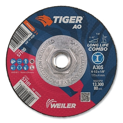 Tiger AO Type 27 Cut/Grind Combo Wheel, 4-1/2 in dia x 1/8 in Thick, 5/8 in-11 dia Arbor, A30S