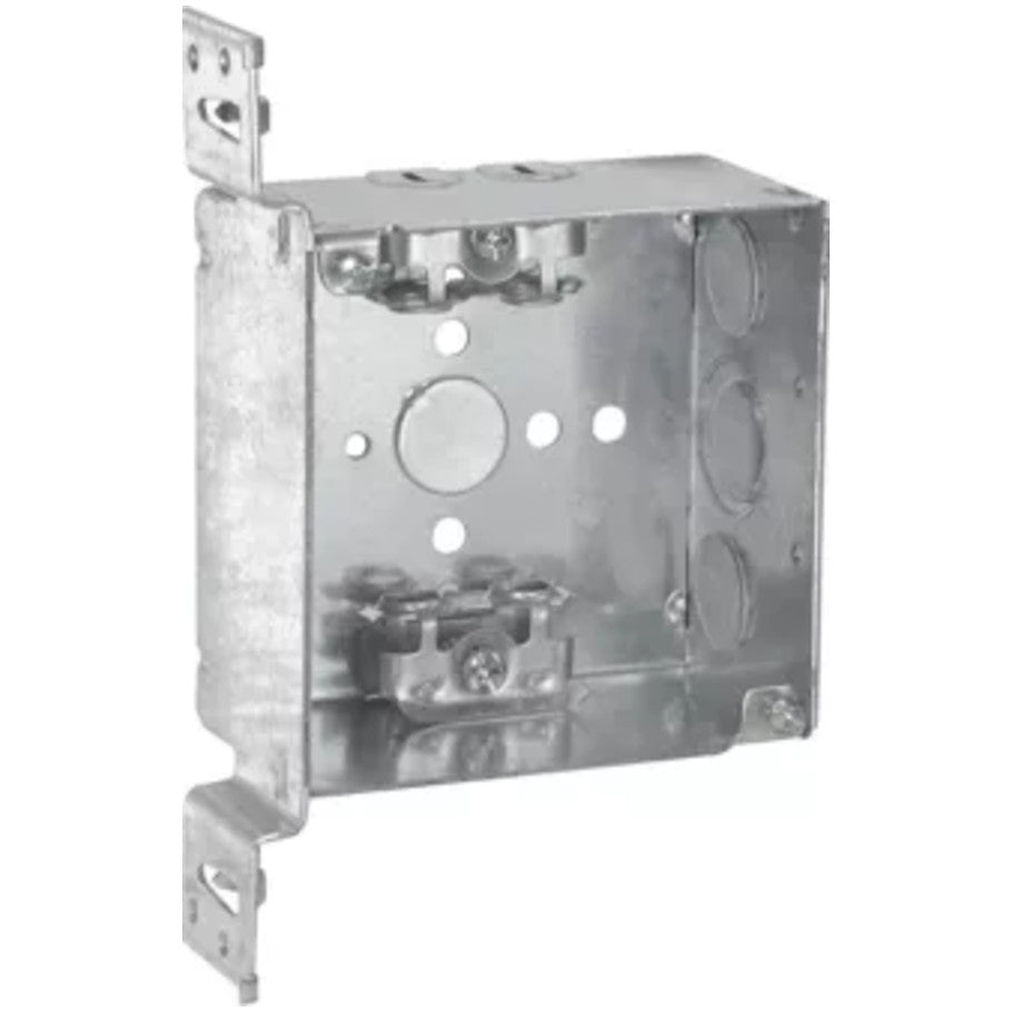 4 Square Box, Steel, Welded, 2-1/8 in. D, (4)Cable Clamps, (2)1/2   (1) 1/2 3/4 in. E Side KO, (1)1/2 in. Bottom KO, VMS Bracket