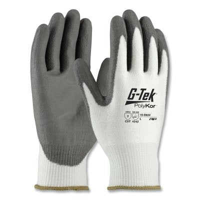 PolyKor Seamless Knit Coated Gloves, Polyurethane Smooth Grip, Large, White/Gray