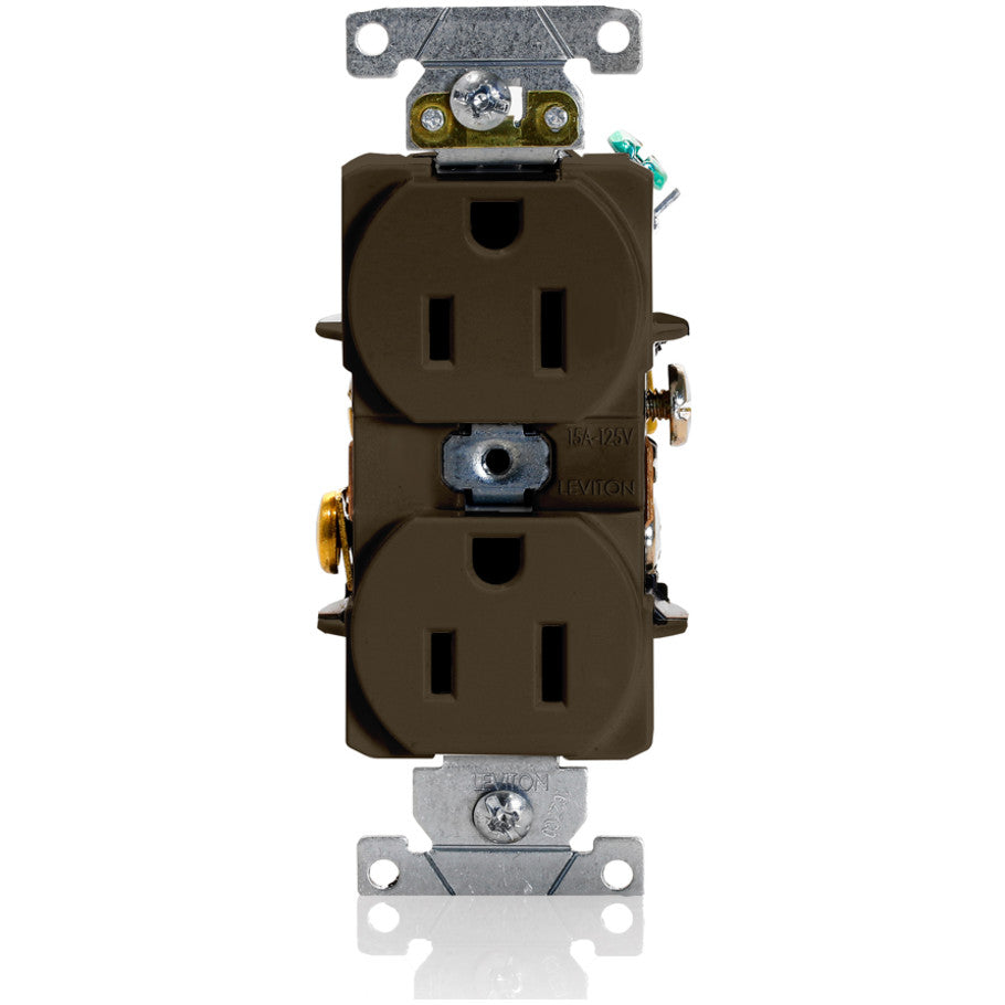 Straight Blade Duplex Receptacle, Thermoplastic Nylon, Self-Ground, 15A, 125V, 2P3W, NEMA 5-15R, Brown