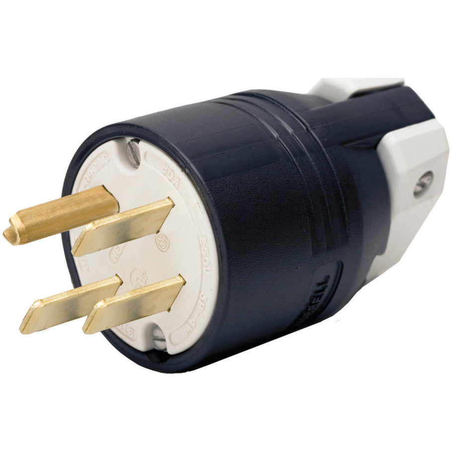Straight Blade Plug, 30A, 3-Phase 250V, 3P4W, NEMA 15-30P, Cord Dia. 0.625 to 1.310 in., Gripping Ribs, Black/White