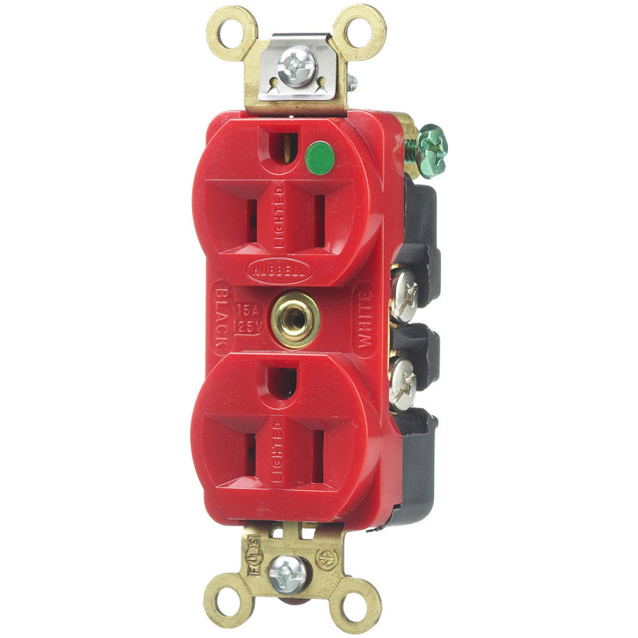 Straight Blade Devices, Receptacles, Duplex, Hospital Grade, 2-Pole 3-Wire Grounding, 15A 125V, 5-15R, Red, Illuminated Face