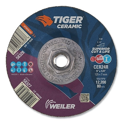 Tiger Grinding Wheel, 5 in dia x 1/4 in Thick x 5/8 in-11 Arbor, 24 Grit, Ceramic Alumina, Type 27, 10 EA/BX