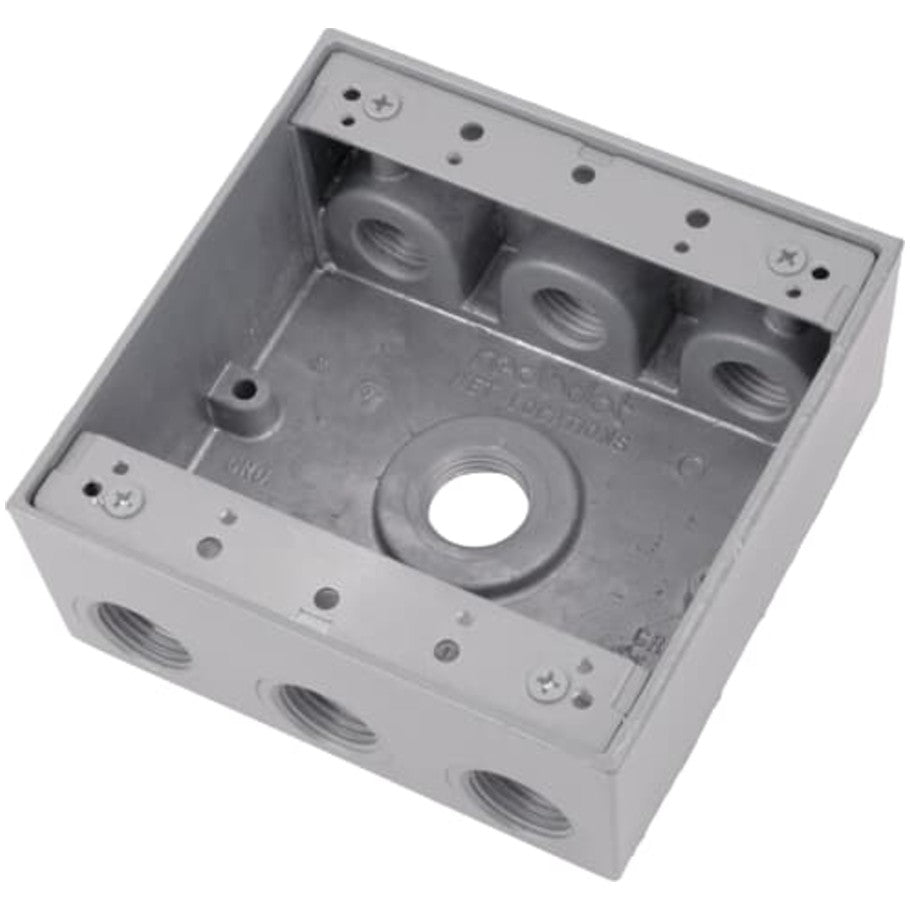 Red-Dot Weatherproof Box, Aluminum Die Cast, (7) 1/2 in. Threaded Hubs, 2-Gang, 2-1/16 in. Deep