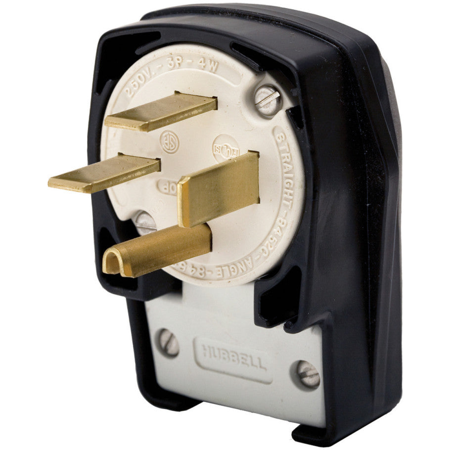 Straight Blade Plug, Angled, 4-Position, 50A, 250V, 3-phase 3P4W, Black Nylon