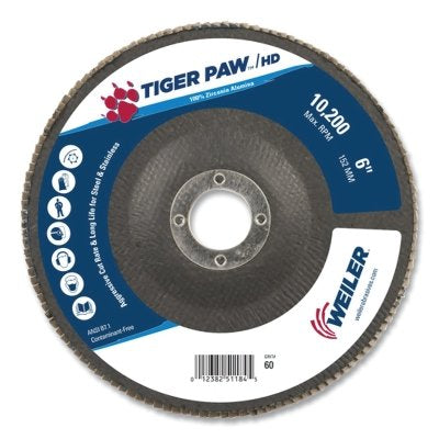 Tiger Paw Super High Density Flap Disc, 6 in dia, 7/8 in arbor, Type 27