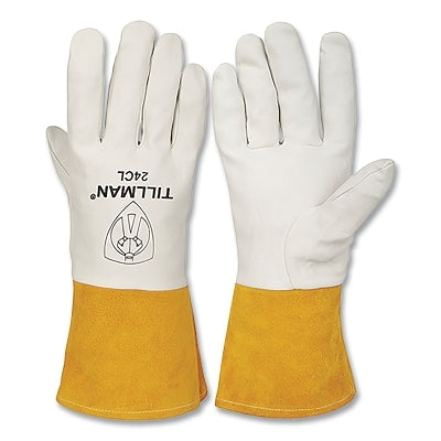 TIG Welding Gloves, 24C, Top Gr Kidskin Palm/BOH/Split Cowhide Cuff, 2XL, Pearl/Bourbon Brn, 4 in L Straight Cuff