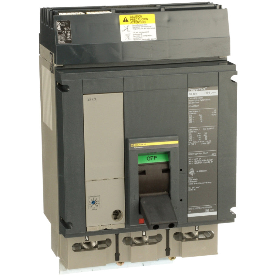 Molded Case Circuit Breaker, 600V, 800A, 3-Phase, 50/60 Hz, 65kA   240V, 35kA   480, Ambient Environment, Electronic Trip