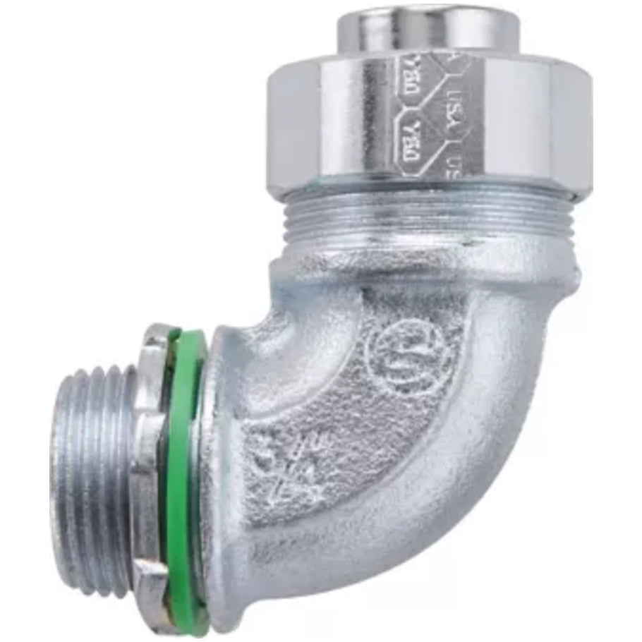 Liquidator Low Profile Liquid Tight Connector, Malleable Iron, 90  176;, Insulated Throat, 3/4 in.