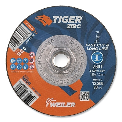Tiger Zirc Cutting Wheel, 4-1/2 in dia, 0.045 in Thick, 5/8 in-11 UNC Arbor, Zirconia Alumina, Type 27, Z60T