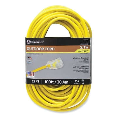 Vinyl Extension Cord, 100 ft, 1 Outlet, Yellow