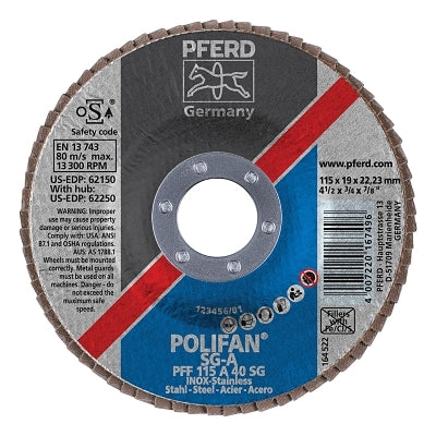 Type 27 POLIFAN SG Flap Disc, 4-1/2 in dia, 40 Grit, 7/8 arbor, 13000 RPM