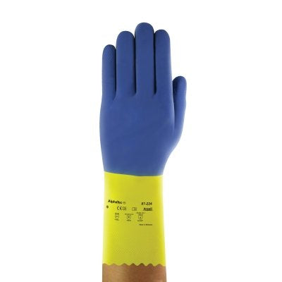 AlphaTec 87-224 Neoprene Gloves, Cotton Flock Lined, Size 8, Yellow/Blue