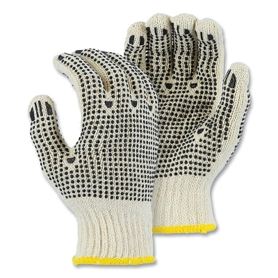 String Knit Gloves, Size 10/Large, Knit Wrist Cuff, Natural with PVC Dots