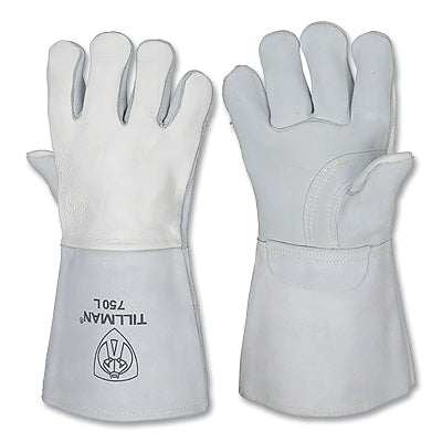 Stick Welding Gloves, 750, Split Elkskin Palm/Top Gr Elkskin BOH/Split Cowhide Cuff, Med, Pearl, 14 in L Cuff