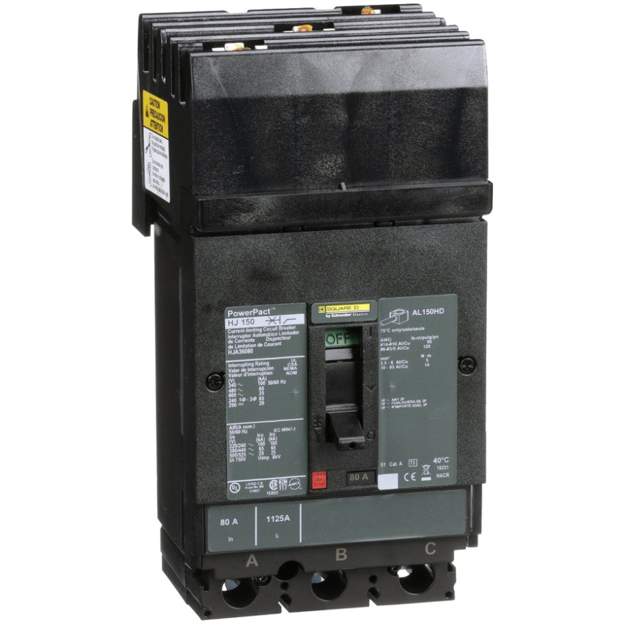 Circuit breaker, PowerPacT H, 80A, 3 pole, 600VAC, 25kA, I-Line, thermal magnetic, 80 , ABC