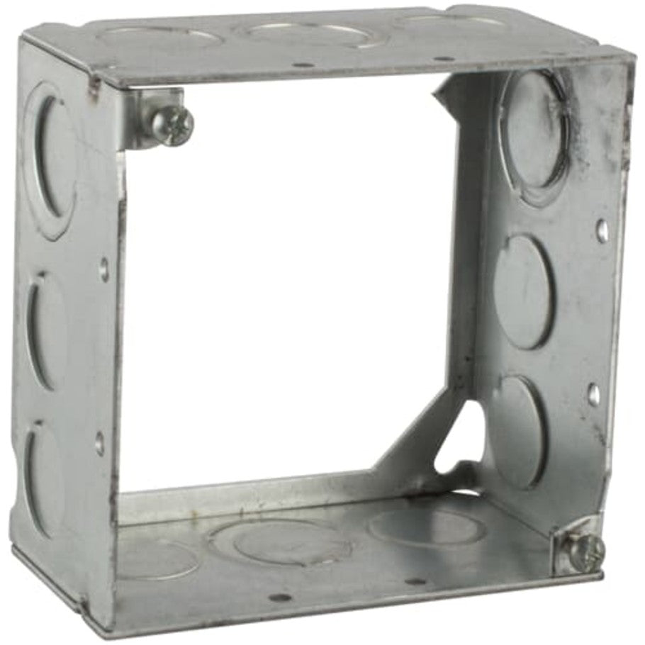 4 in. Square Extension Ring, Steel, 2-1/8 in. D, (2) 1/2-(1) 1/2-3/4 in. E KO Each Side, (2) 1/2 in and (1) 3/4 in. KO Each End