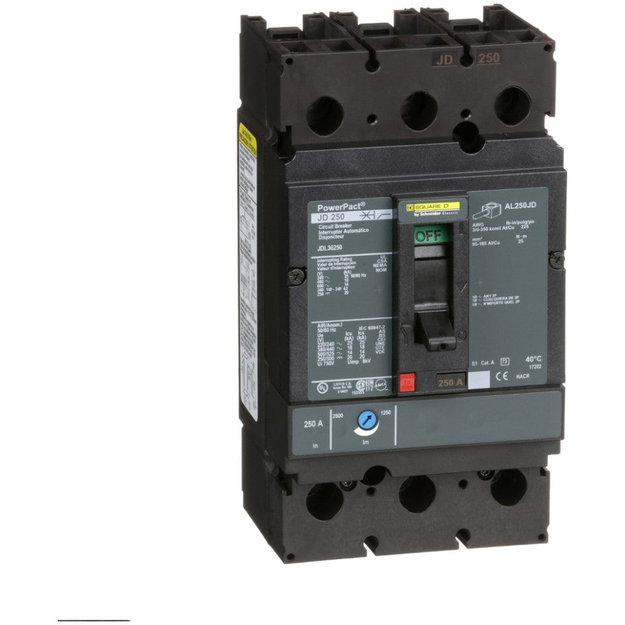 PowerPact Molded Case Circuit Breaker, J-Frame, Thermal Magnetic, Unit Mount, 14kA, 600 Vac/250 Vdc, 3-Pole, 250A