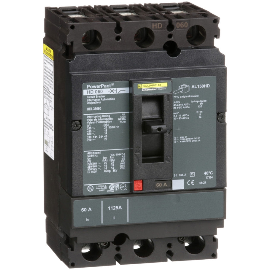 PowerPact Molded Case Circuit Breaker, H-Frame, Unit Mount, 14 kA, 600V, 3-Pole, 60A
