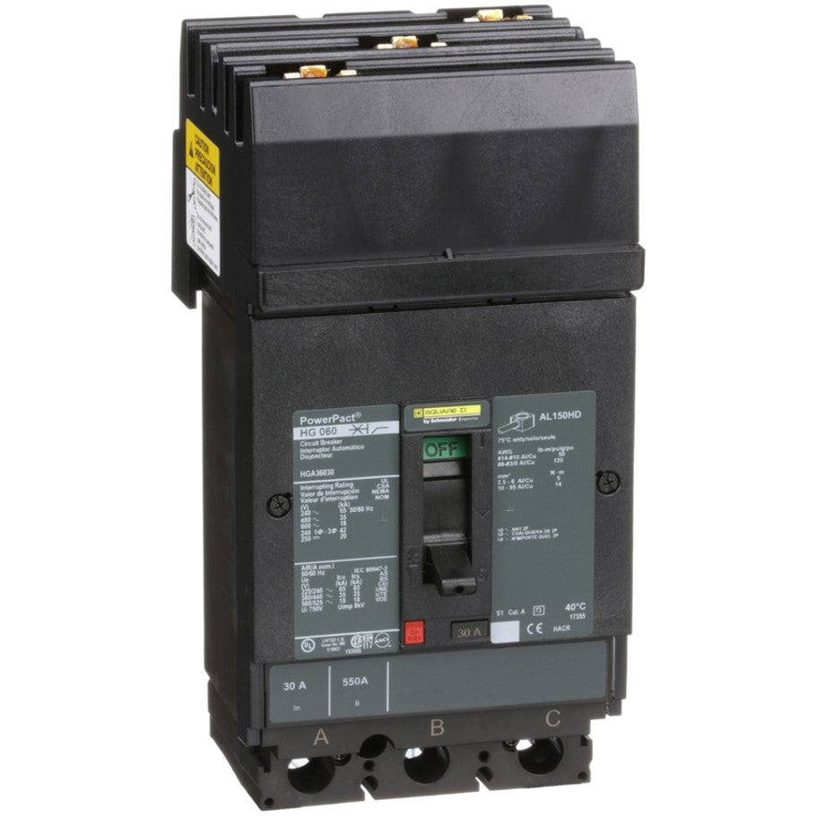 Circuit breaker, PowerPacT H, 30A, 3 pole, 600VAC, 18kA, I-Line, thermal magnetic, 80 , ABC