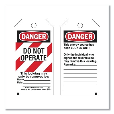 Lockout Tag, 3 in W x 5.75 in H, Danger Do Not Operate, Red/White Stripes and Black, Paper
