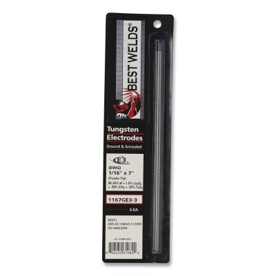 E3 Tungsten Electrode, 1/16 in dia x 7 in L, 3 PK