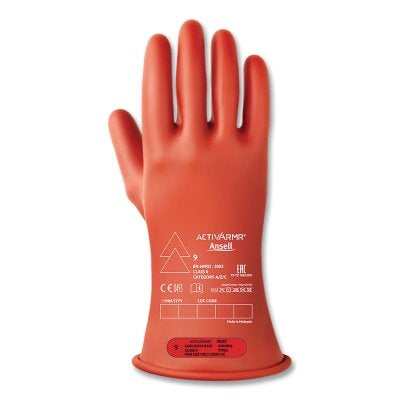 RIG Electrical Insulating Gloves, 11 in L, Class 0, Size 9, Red