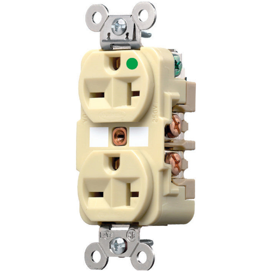HBL Straight Blade Duplex Receptacle, Hospital Grade, 20A, 25V, 2P3W, Deep Body Design, Circuit ID Face, Ivory