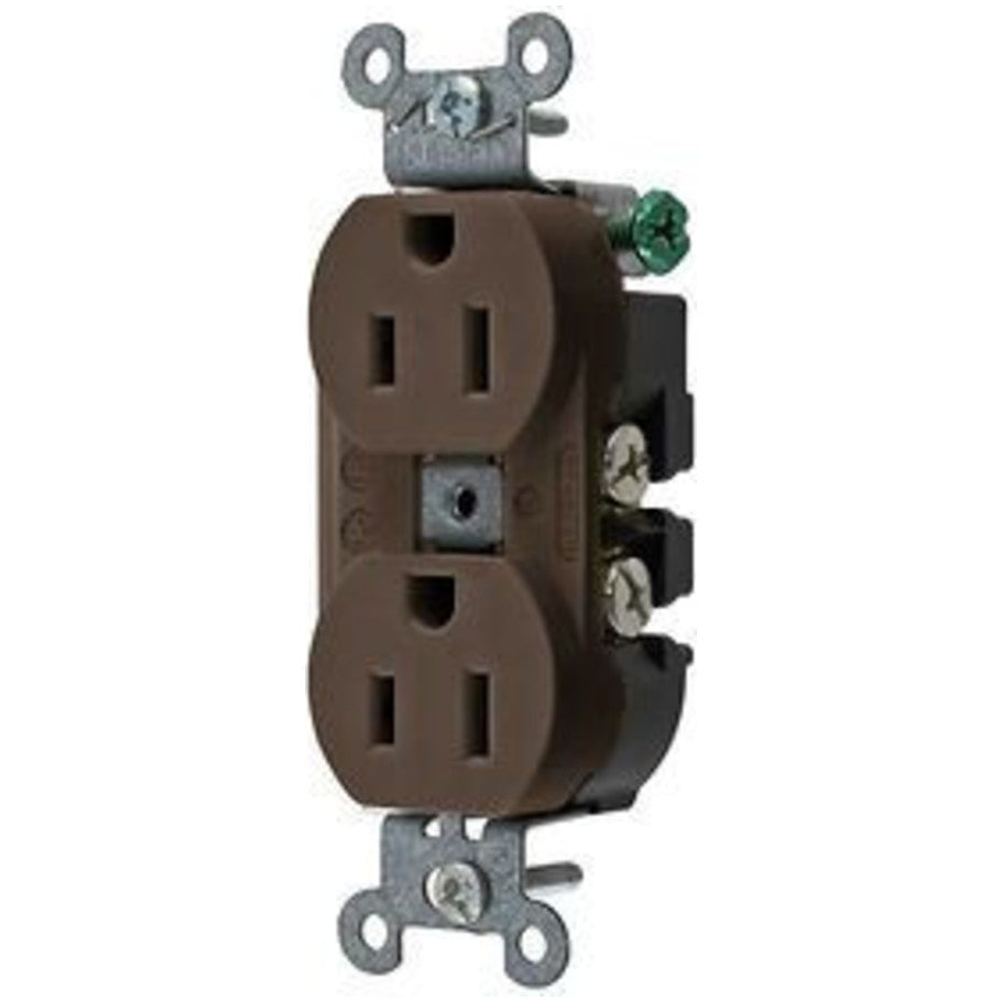 Hubbell-Pro Straight Blade Duplex Receptacle, 15A, 125V, 2P3W, Slender/Compact, Smooth Face, Brown