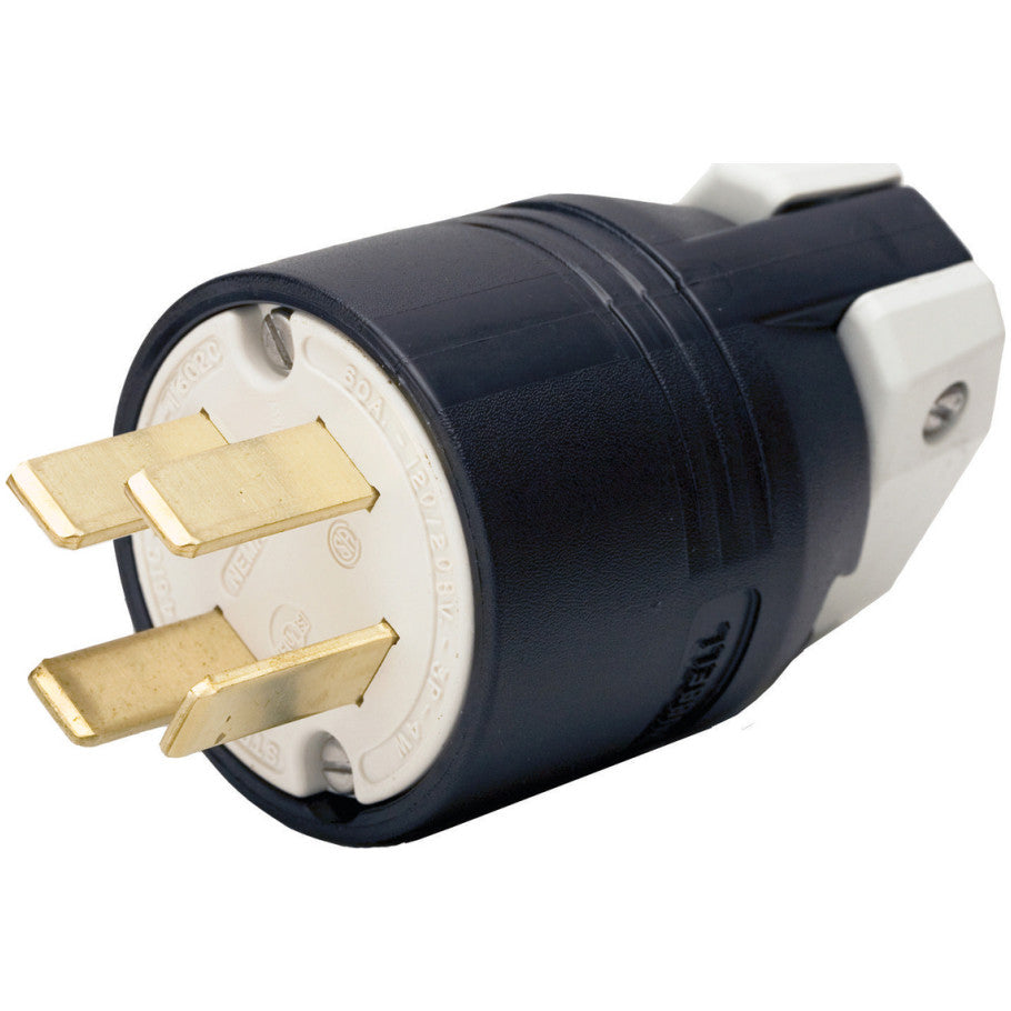 Straight Blade Plug, 60A, 3-Phase Y 120/208V, 4P4W, NEMA 18-60P, Cord Dia. 0.625 to 1.310 in., Gripping Ribs, Black/White