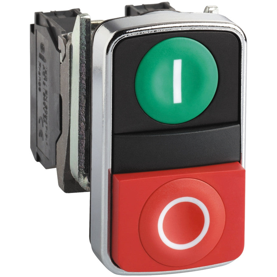 Double headed push button, Harmony XB4, metal, 22mm, 1 green flush marked I   1 red projecting marked O, 1NO 1NC