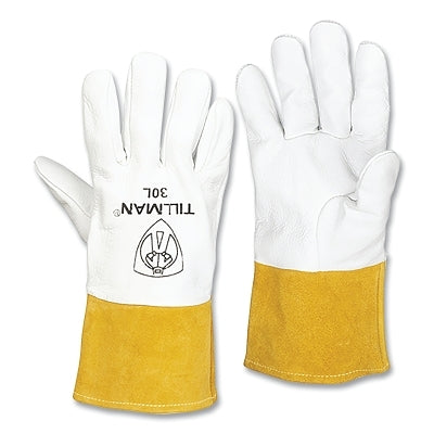 TIG Welding Gloves, 30, Top Gr Pigskin Palm/BOH/Split Cowhide Cuff, Sm, Pearl/Bourbon Brn, 4 in L Straight Cuff