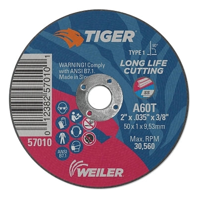 Tiger AO Cutting Wheel, 2 in dia x 1/8 in Thick, 1/4 in Arbor, A36T, Type 1