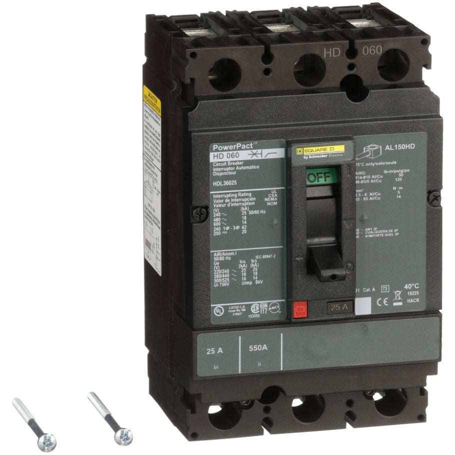 PowerPact Molded Case Circuit Breaker, H-Frame, Unit Mount, 14 kA, 600V, 3-Pole, 25A