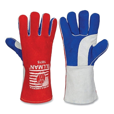 Stick Welding Gloves, 1075, Premium Side Split Cowhide Palm/BOH/Cuff, Lg, Red/Blue/Pearl, 14 in L Cuff