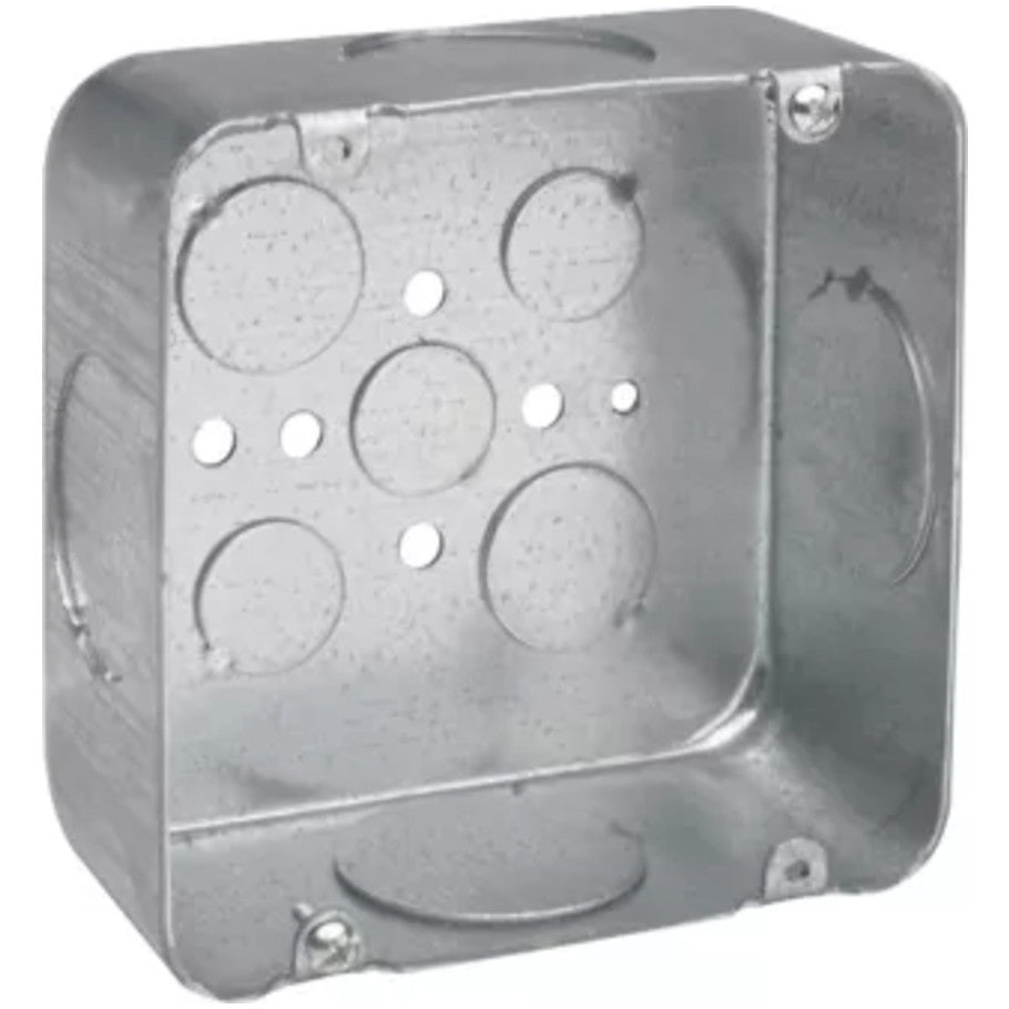 4-11/16 in. Square Box, Steel, Drawn, 2-1/8 in. D, (4) 1-1/4 in. Side KO, (3) 1/2   (2) 3/4 in. Bottom KO, 42 cu. in. Capacity
