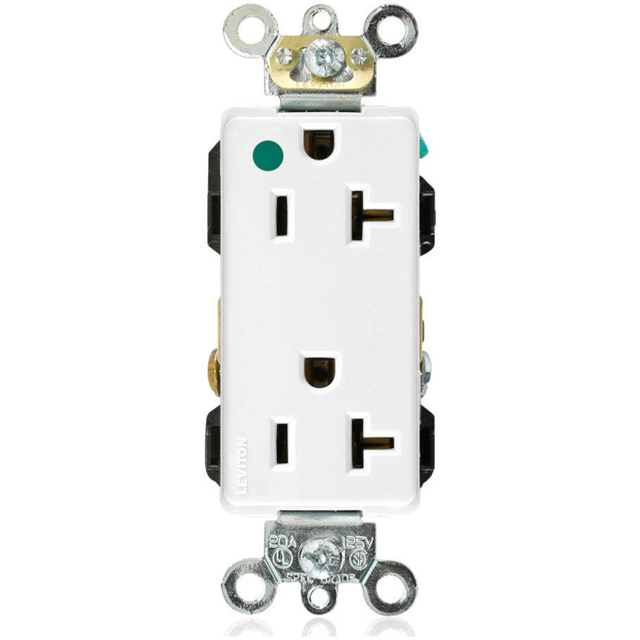 Decora Plus Nylon Hospital Grade Self-Grounding 20A 125V Straight Blade Duplex Receptacle, White