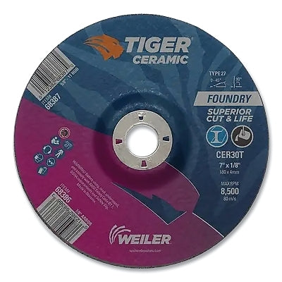 Tiger Grinding Wheel, Combo, 7 in dia x 1/8 in Thick x 7/8 in Arbor, 30 Grit, Ceramic Alumina, Type 27, 25 EA/BX