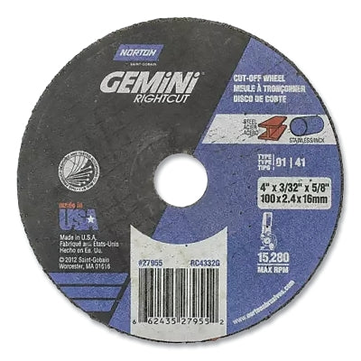 Gemini RightCut Right Angle Cut-Off Wheel, Type 1, 4-1/2 in dia, 3/32 in Thick, 7/8 in Arbor, 46 Grit, Aluminum Oxide