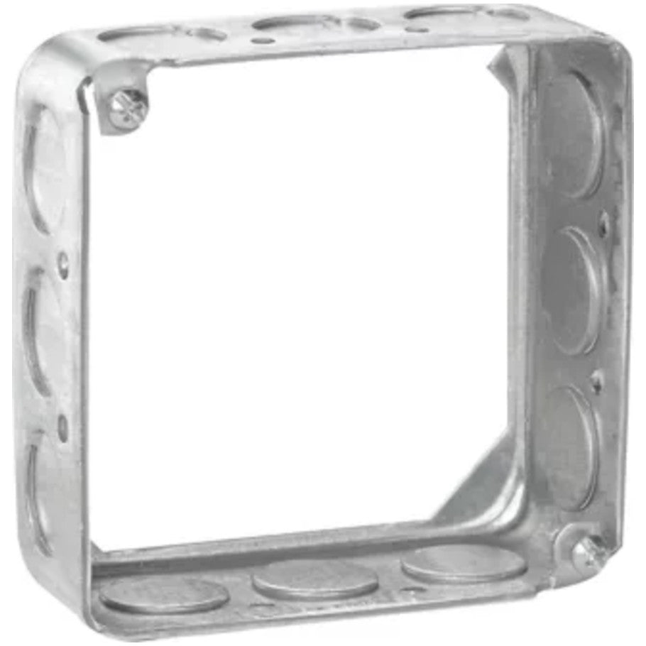 4 in. Square Box Extension Ring, Steel, 1-1/2 in. Deep, (12) 1/2 in. Side Knockouts