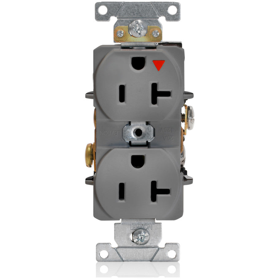 Straight Blade Duplex Receptacle, Isolated Ground, 20A, 125V, 2P3W, NEMA 5-20R, Back and Side 8-Hole Feed-Thru Wired, Gray