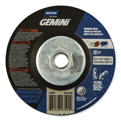 Gemini Type 27 Grinding and Cutting Wheel, 4-1/2 in dia x 1/8 in T x 5/8 in-11 Arbor Hole, AO