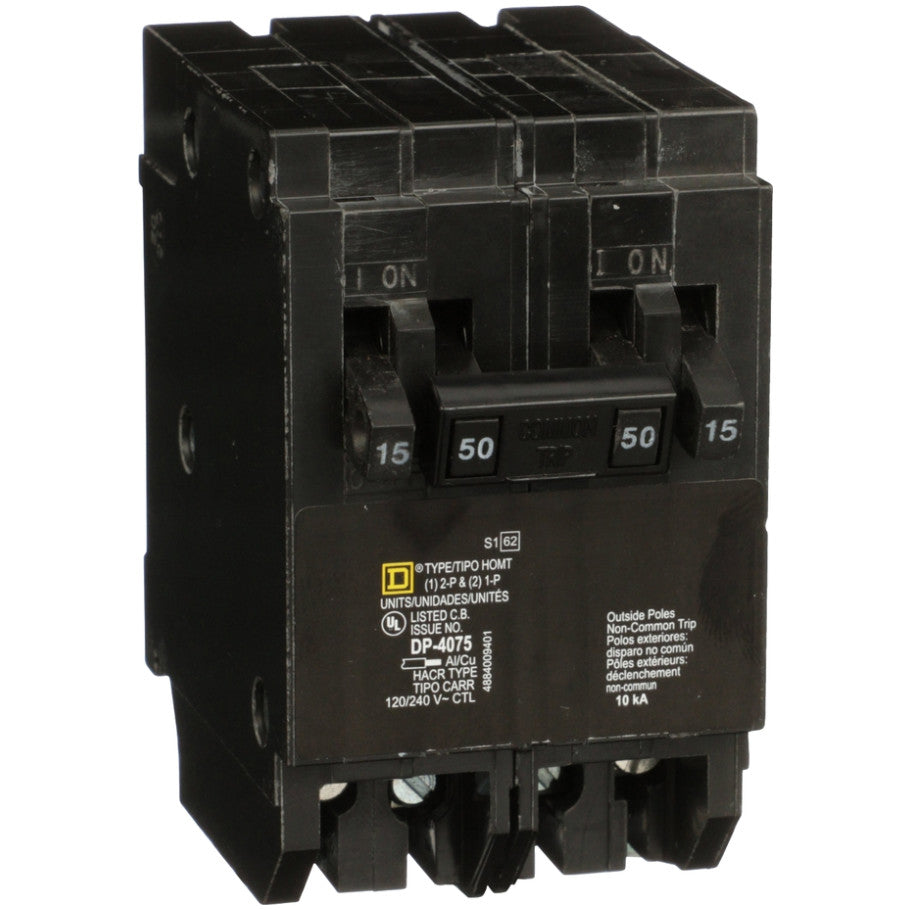 Homeline Quad Tandem Circuit Breaker, Plug-In, 10kA, 120/240 Vac, (2) 1-Pole 15A, (1) 2-Pole 50A