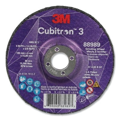 3M 638060-88989 Cubitron 3 Depressed Center Grinding Wheel, 4 in dia x 1/4 in Thick x 5/8 in Arbor, 36+ Grit, T27