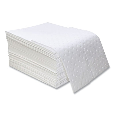 Sorbent Pads and Rolls, 18 in L x 16 in W, Oil Only, Light, Single-Ply, White, Pads