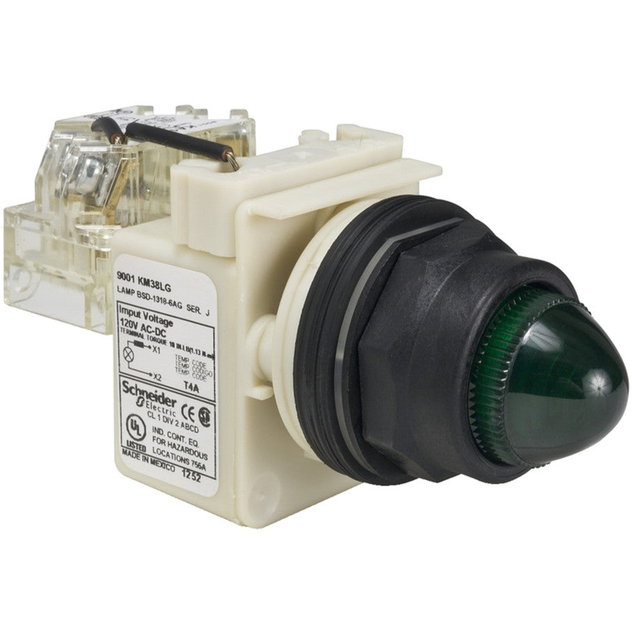 Push-to-test pilot light, Harmony 9001SK, plastic, polycarbonate, domed, green, 30mm, LED green, 120V