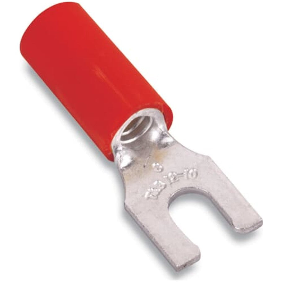 Nylon Insulated Locking Fork Terminal, Length .86 Inches, Width .29 Inches, Wire Range  22- 16 AWG, Color Red