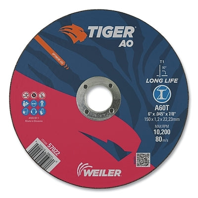 Tiger AO Cutting Wheel, 6 in dia x 0.045 in Thick, 7/8 in Arbor, A60T, Type 1