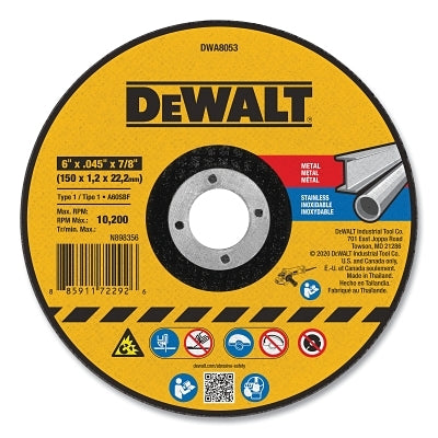 Cutting Wheel, Type 1, 6 in dia x 0.045 in Thick x 7/8 in Arbor, Aluminum Oxide