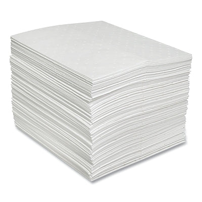 Sorbent Pads and Rolls, 18 in L x 16 in W, Oil Only, Heavy, Single-Ply, White, Pads, Bag